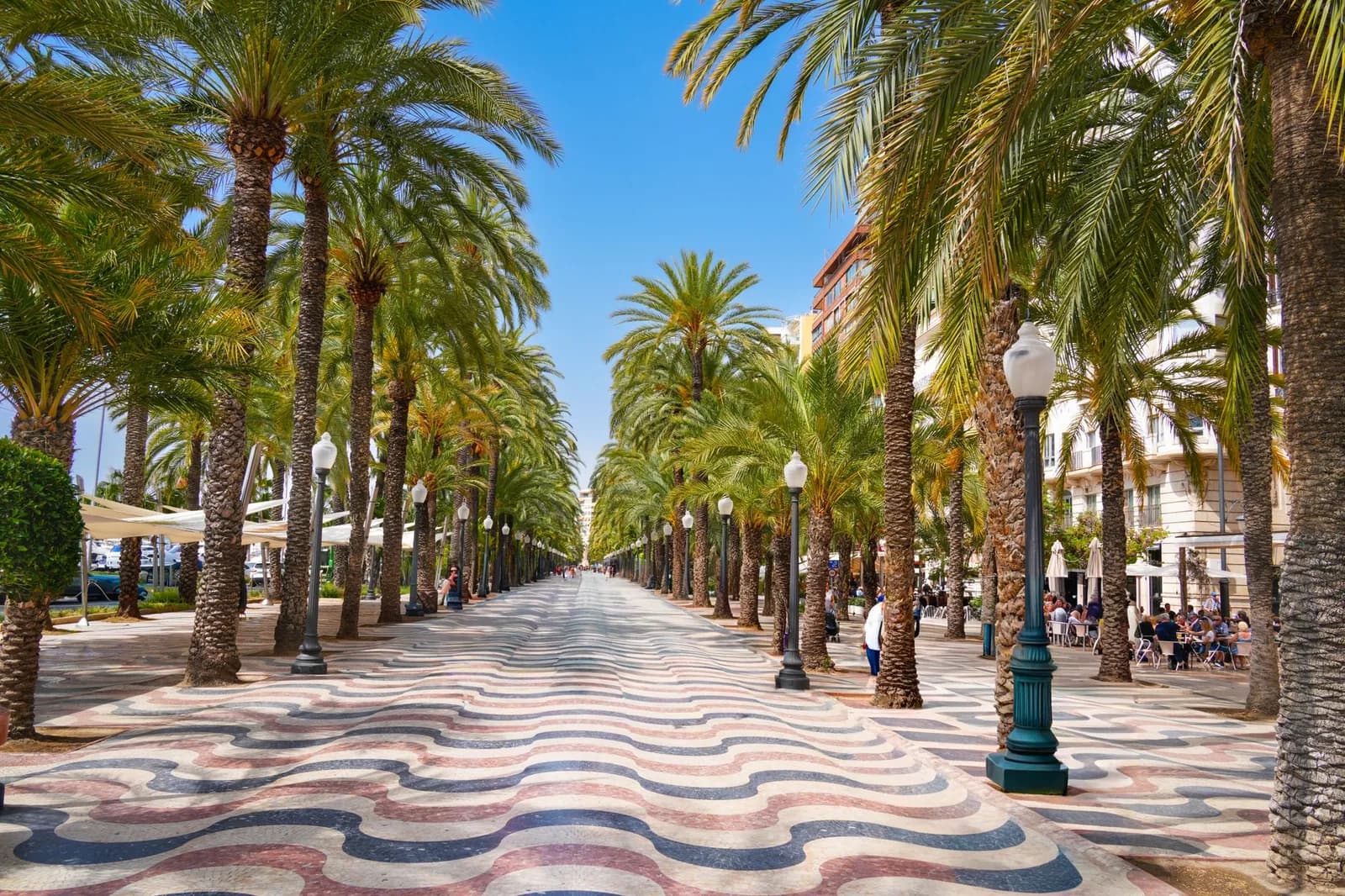 Le pavement en vagues de l'Explanada de España, bordé de palmiers, à Alicante