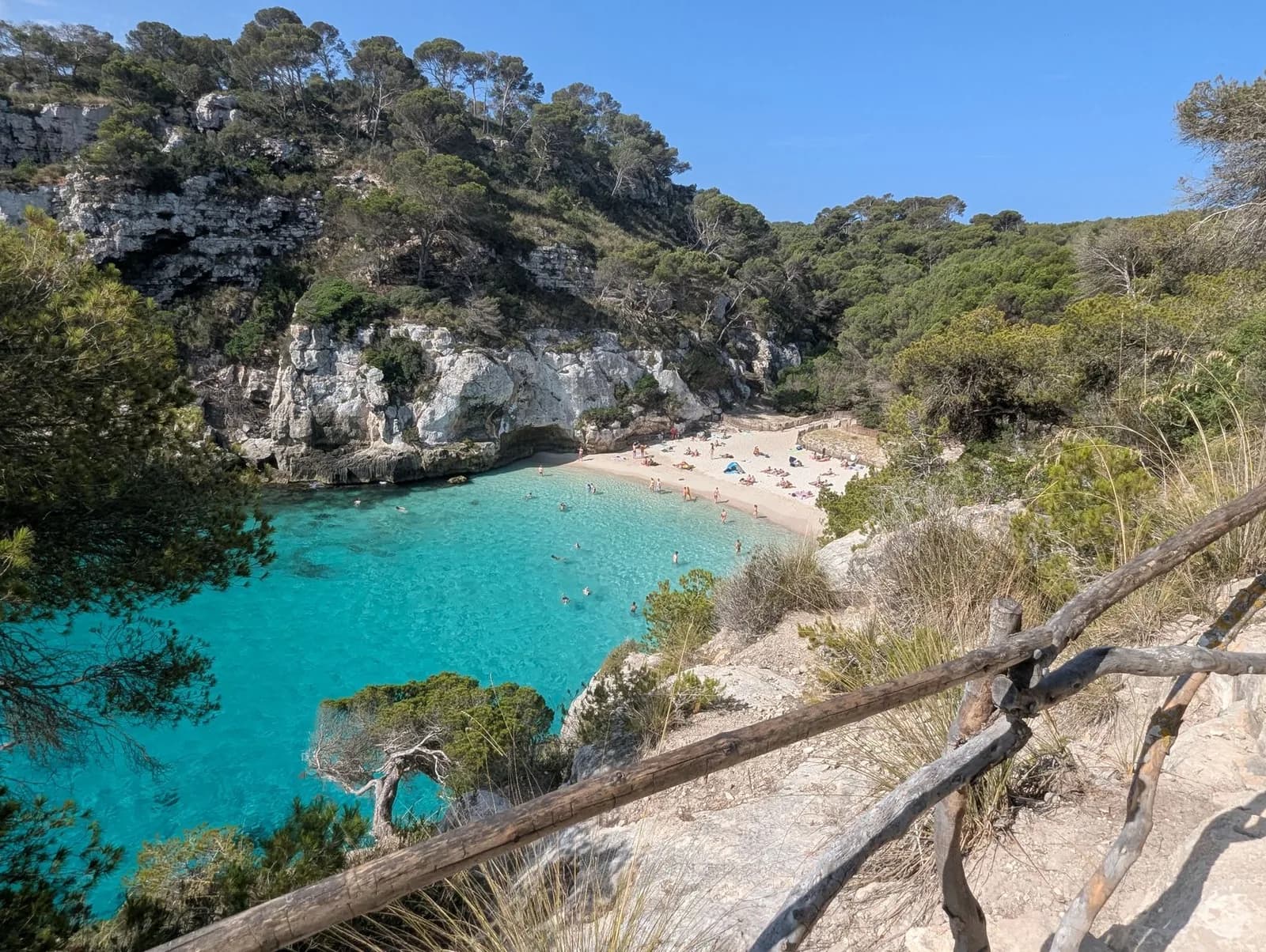Cala Macarella à Minorque, crique d'eau turquoise entre des falaises calcaires et des pins