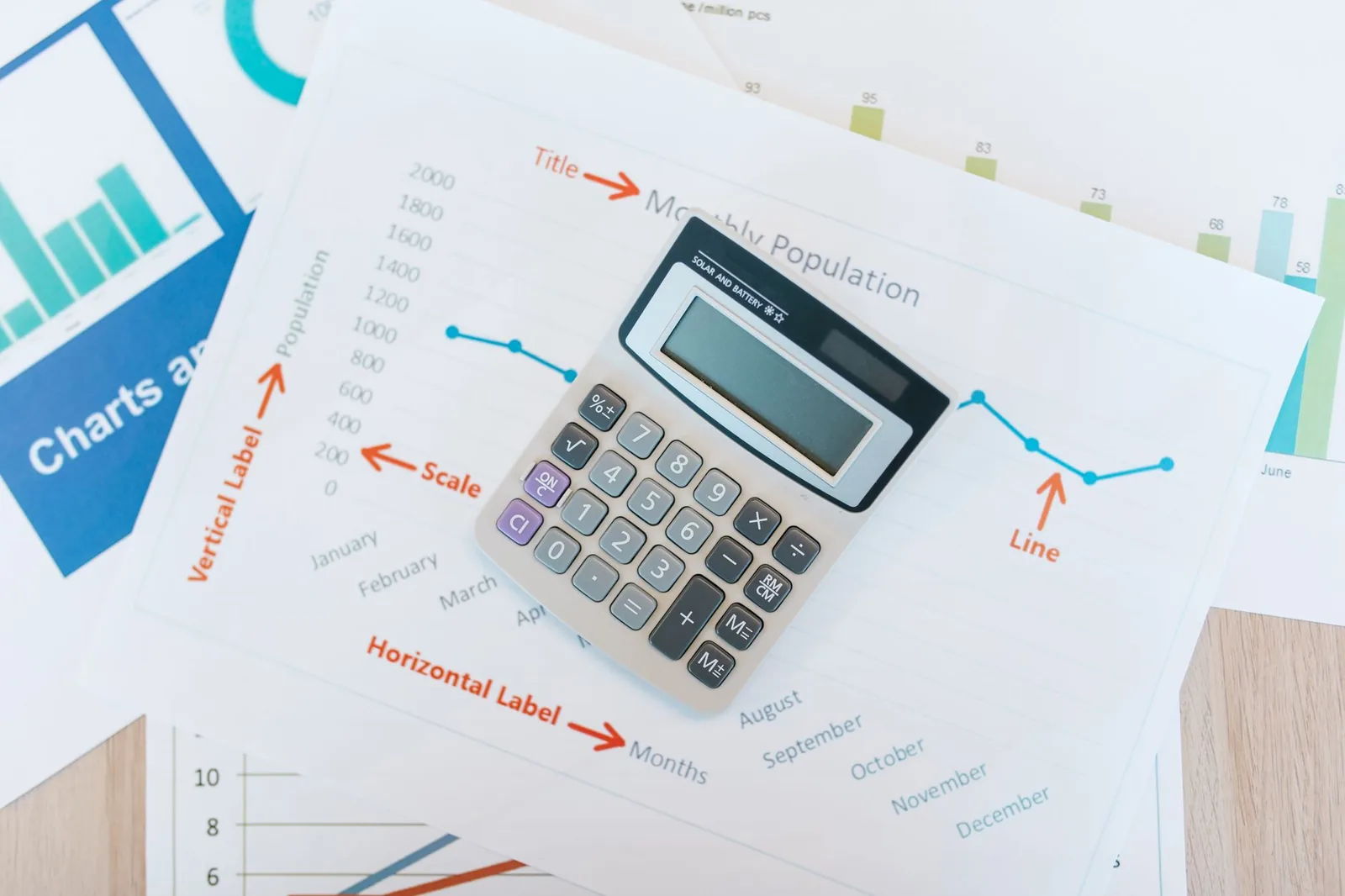 Calculatrice posée sur des graphiques financiers, fiscalité en Espagne